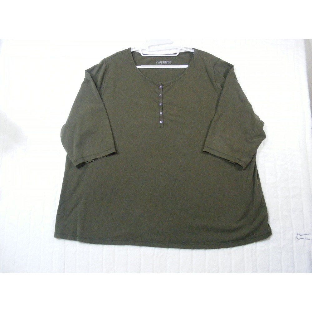 Catherines Henley Top Women 3X Olive Green Excellent 3/4 Sleeve Suprema Knit - Picture 1 of 10